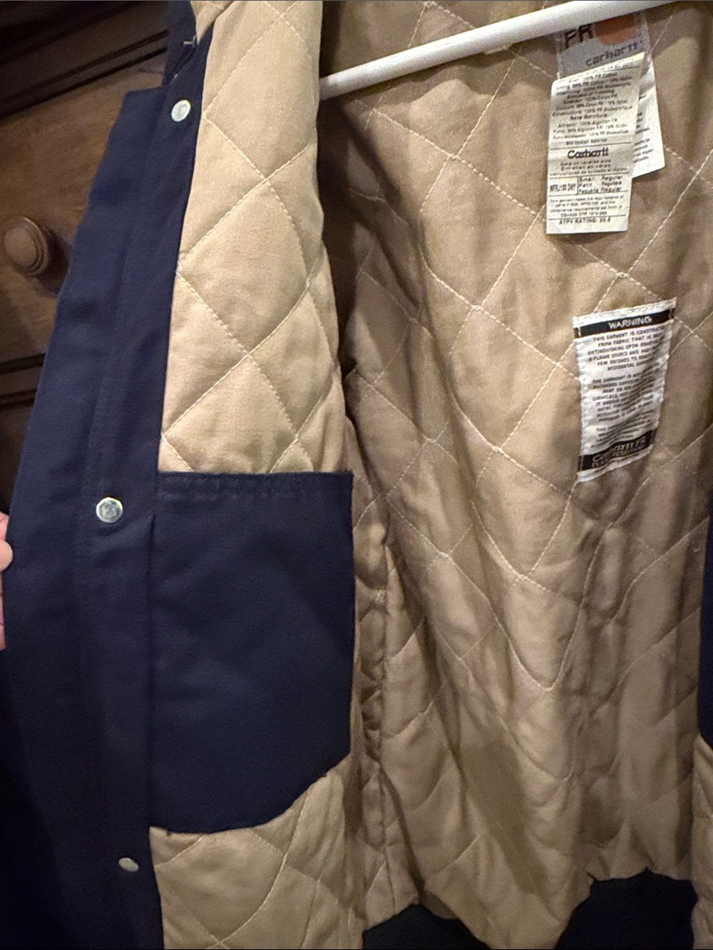FR Carhartt Navy Hooded Work Jacket with Tan Lining - Picture 6 of 6